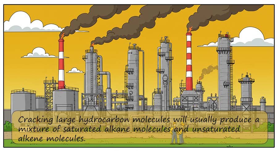 At an oil refinery the cracking of large alkane molecules usually produces a mixture of saturated alkanes and unsaturated alkenes.